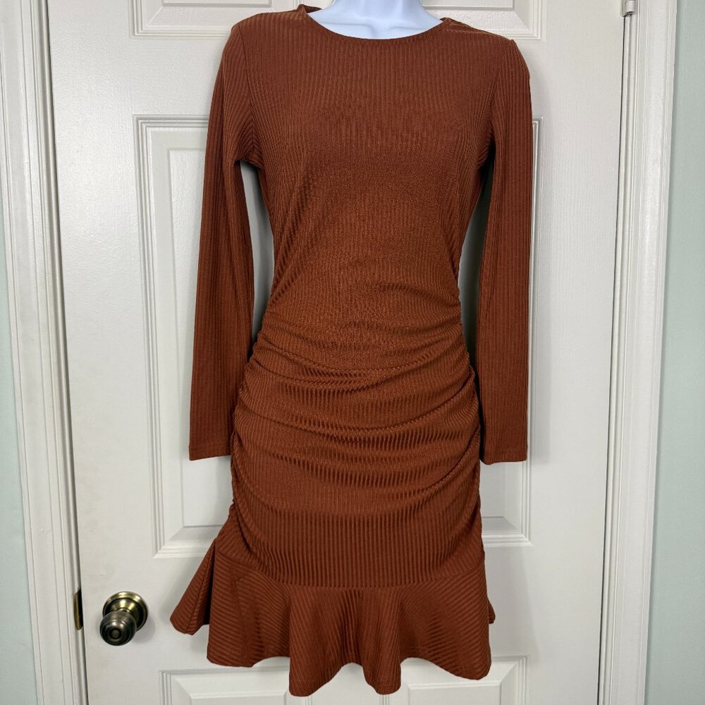 Riah Fashion Rust Ribbed Long Sleeve Bodycon Dress – Size XS